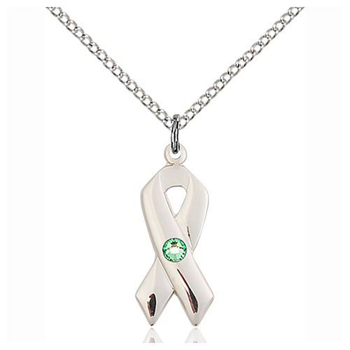 Sterling Silver 7/8in Cancer Ribbon Pendant Peridot Bead & 18in Chain