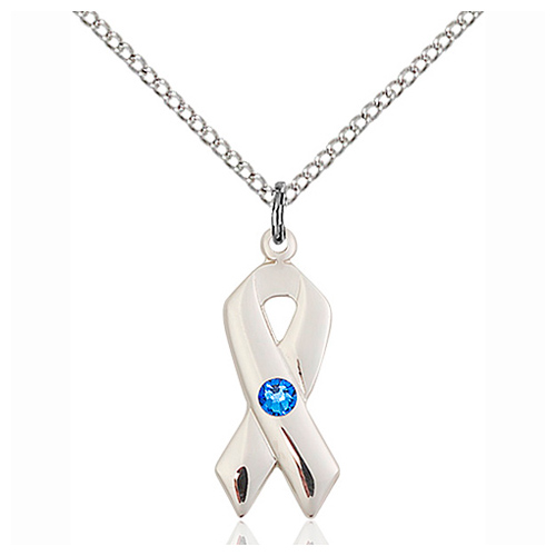 Sterling Silver 7/8in Cancer Ribbon Pendant Sapphire Bead & 18in Chain