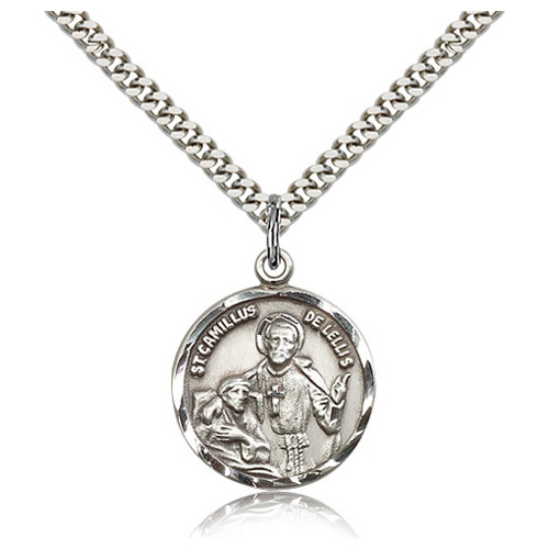 Sterling Silver 7/8in Round St Camillus Medal & 24in Chain