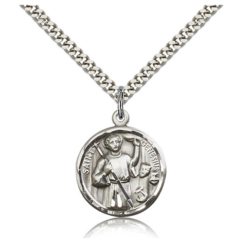 Sterling Silver 7/8in St Genesius Medal & 24in Chain