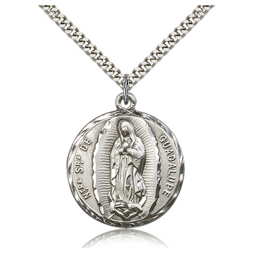 Sterling Silver 1 1/4in Round Our Lady of Guadalupe Medal & 24in Chain