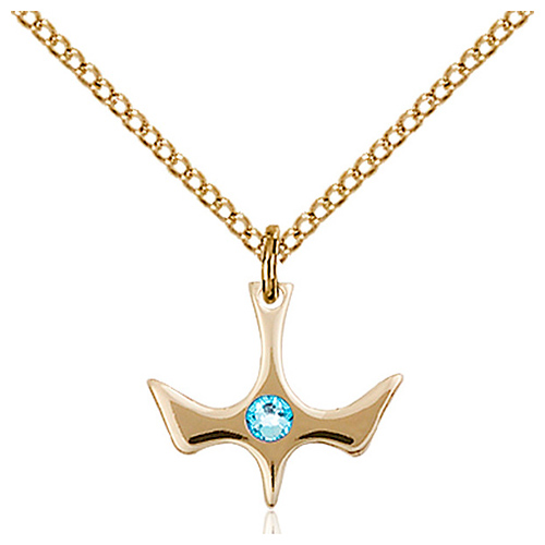 Gold Filled 1/2in Holy Spirit Pendant with 3mm Aqua Bead & 18in Chain