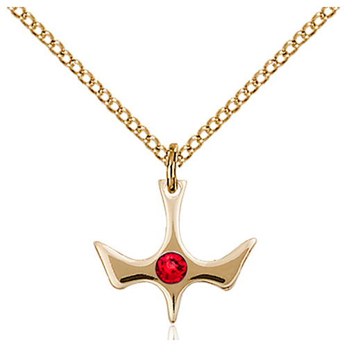 Gold Filled 1/2in Holy Spirit Pendant with 3mm Ruby Bead & 18in Chain