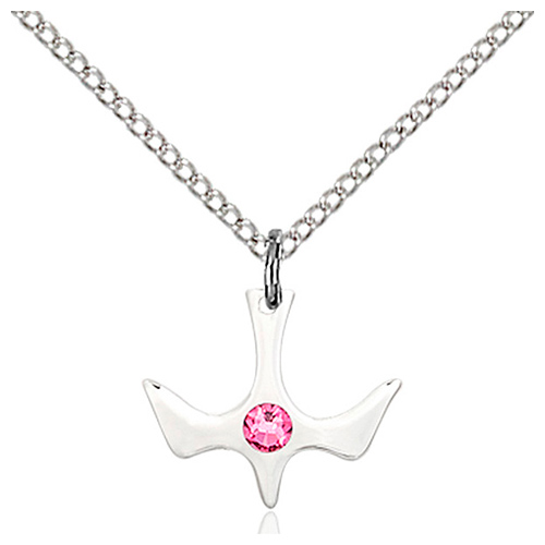 Sterling Silver 1/2in Holy Spirit Pendant with Rose Bead & 18in Chain