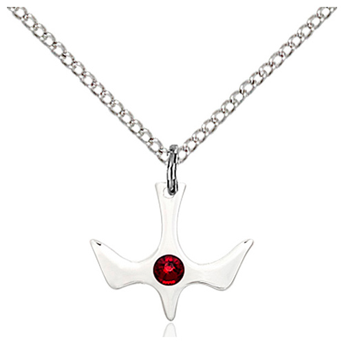 Sterling Silver 1/2in Holy Spirit Pendant Garnet Bead & 18in Chain