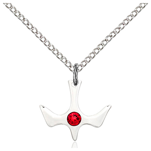 Sterling Silver 1/2in Holy Spirit Pendant with Ruby Bead & 18in Chain
