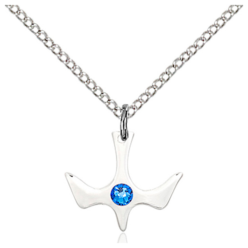 Sterling Silver 1/2in Holy Spirit Pendant Sapphire Bead & 18in Chain