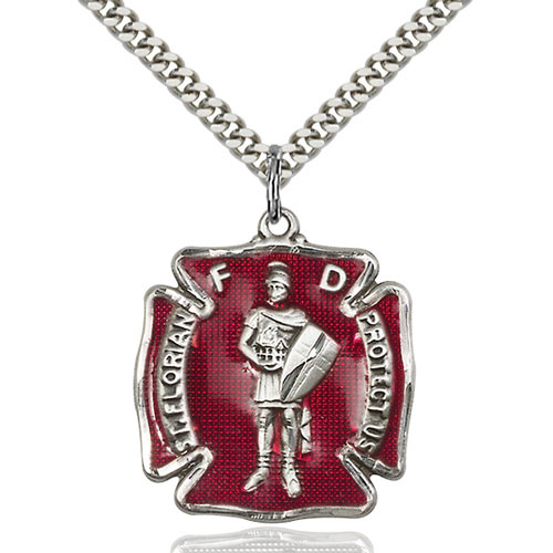 Sterling Silver Large St Florian Medal with Red Epoxy & 24in Chain