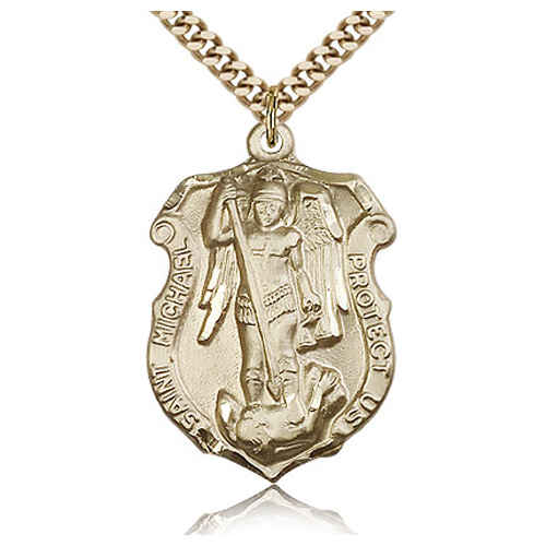 Gold Filled 1 1/4in St Michael Shield Medal & 24in Chain