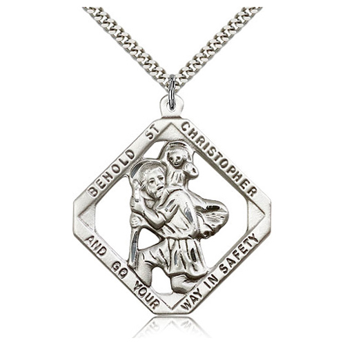Sterling Silver Square 1 3/4in St Christopher Medal & 24in Chain