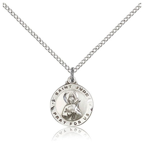 Sterling Silver 5/8in Round St Jude Charm & 18in Chain