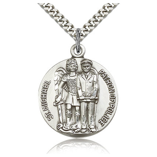 Sterling Silver 1in St Michael Patron of Police Medal & 24in Chain