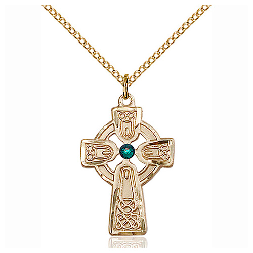 Gold Filled 1in Celtic Cross Pendant with Emerald Bead & 18in Chain