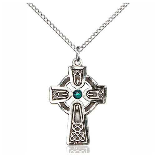 Sterling Silver 1in Celtic Cross Pendant Emerald Bead & 18in Chain