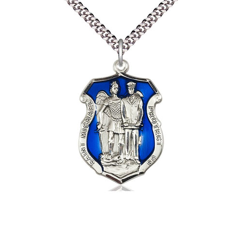 Sterling Silver St Michael Police Medal with Blue Epoxy & 24in Chain