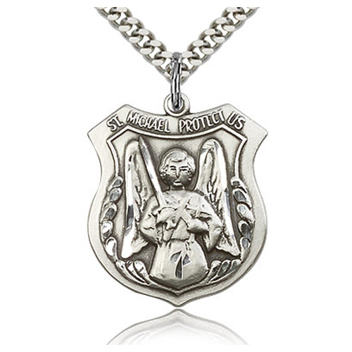 Sterling Silver 1in St Michael Angel Medal & 24in Chain