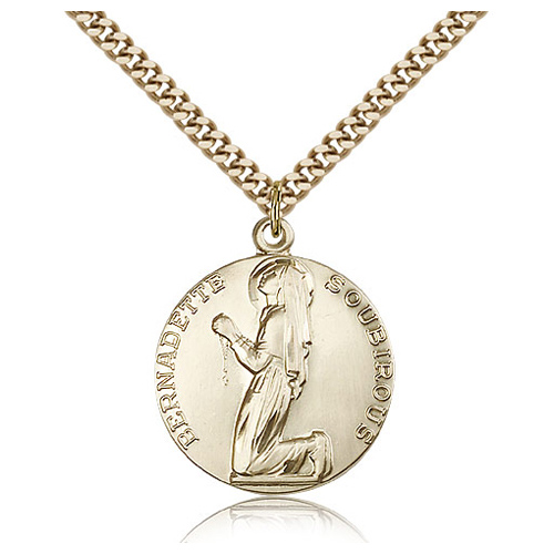 Gold Filled 1in Round St Bernadette Medal & 24in Chain