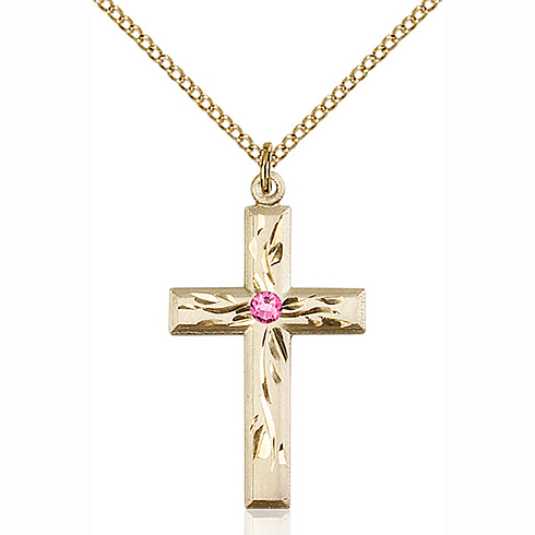 Gold Filled 1 1/8in Textured Cross with Rose Bead & 18in Chain