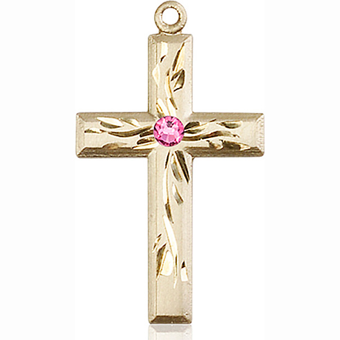 14kt Yellow Gold 1 1/8in Textured Cross with 3mm Rose Bead  