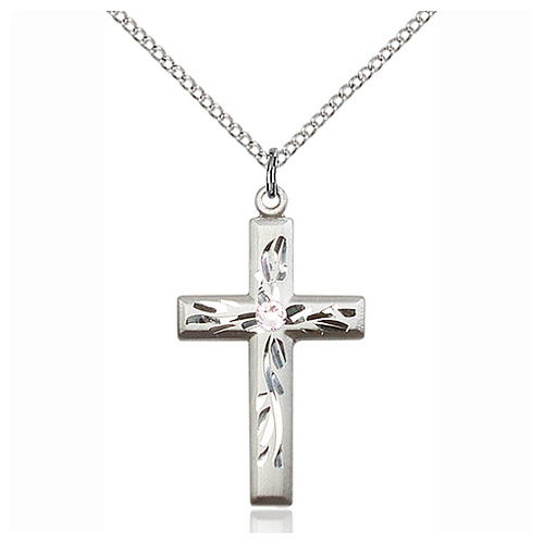 Sterling Silver 1 1/8in Textured Cross with Crystal Bead & 18in Chain