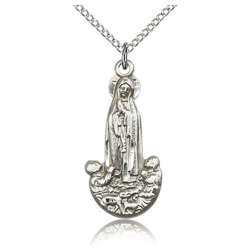 Sterling Silver 1in Our Lady of Fatima Pendant & 18in Chain