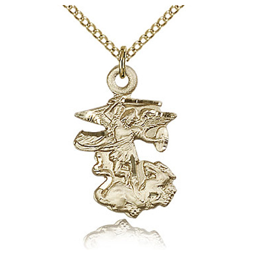 Gold Filled 7/8in St Michael Slays the Dragon Pendant & 18in Chain