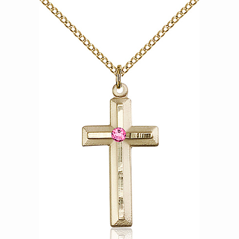 Gold Filled 1 1/8in Beveled Cross Pendant with Rose Bead & 18in Chain