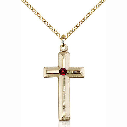 Gold Filled 1 1/8in Beveled Cross Pendant Garnet Bead & 18in Chain