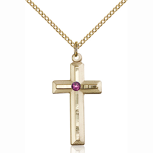 Gold Filled 1 1/8in Beveled Cross Pendant Amethyst Bead & 18in Chain