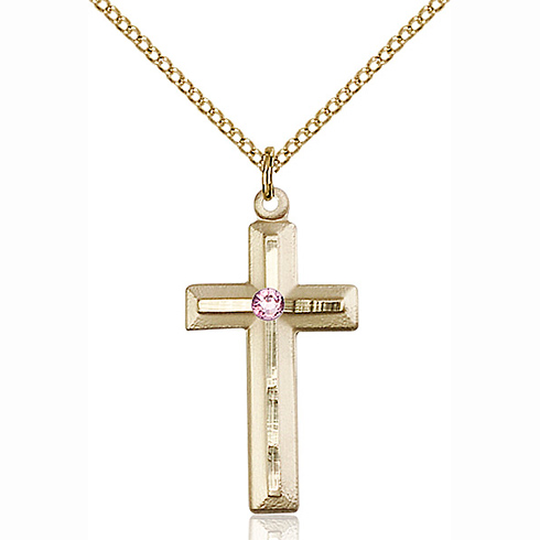 Gold Filled 1 1/8in Beveled Cross Pendant Light Amethyst Bead & Chain