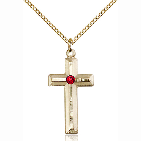 Gold Filled 1 1/8in Beveled Cross Pendant with Ruby Bead & 18in Chain ...