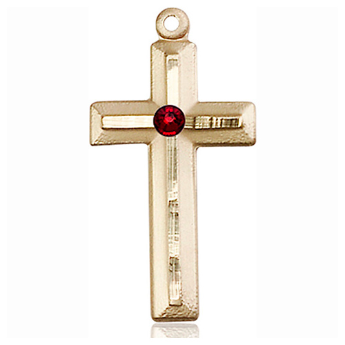 14kt Yellow Gold 1 1/8in Beveled Cross with 3mm Garnet Bead  