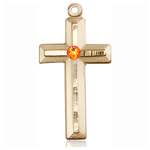 14kt Yellow Gold 1 1/8in Beveled Cross with 3mm Topaz Bead  
