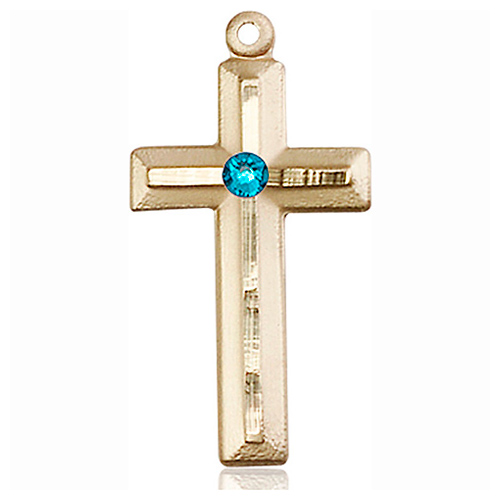14kt Yellow Gold 1 1/8in Beveled Cross with 3mm Zircon Bead  