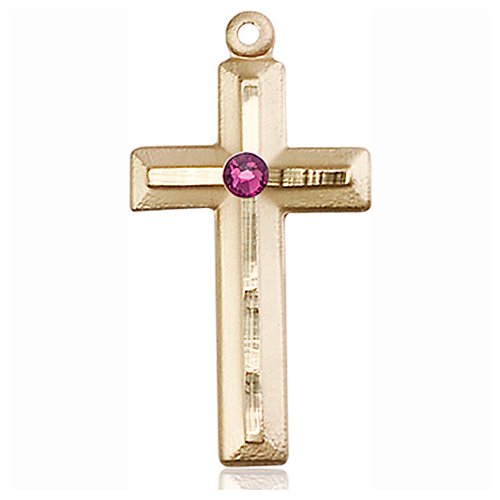 14kt Yellow Gold 1 1/8in Beveled Cross with 3mm Amethyst Bead  
