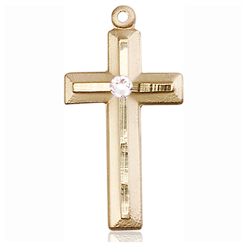 14kt Yellow Gold 1 1/8in Beveled Cross with 3mm Crystal Bead  