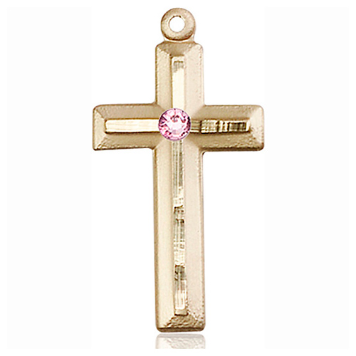14kt Yellow Gold 1 1/8in Beveled Cross with 3mm Light Amethyst Bead  