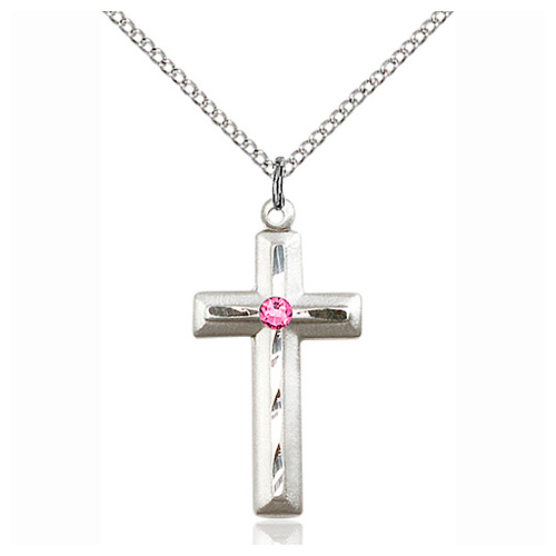 Sterling Silver 1 1/8in Beveled Cross Pendant Rose Bead & 18in Chain