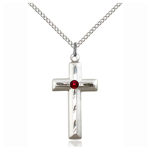 Sterling Silver 1 1/8in Beveled Cross Pendant Garnet Bead & 18in Chain