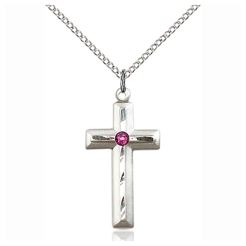Sterling Silver 1 1/8in Beveled Cross Pendant Amethyst Bead 18in Chain