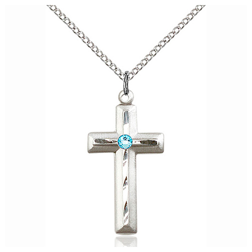 Sterling Silver 1 1/8in Beveled Cross Aquamarine Bead & 18in Chain