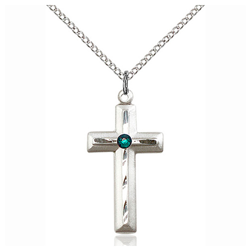 Sterling Silver 1 1/8in Beveled Cross Pendant Emerald Bead 18in Chain