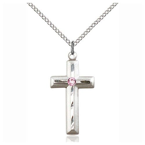 Sterling Silver 1 1/8in Beveled Cross Light Amethyst Bead & 18in Chain