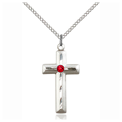 Sterling Silver 1 1/8in Beveled Cross Pendant Ruby Bead & 18in Chain