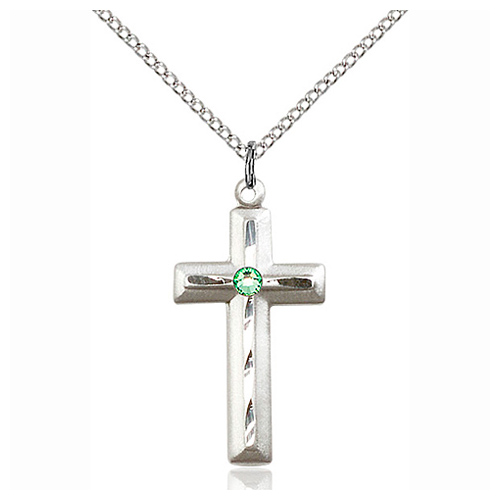Sterling Silver 1 1/8in Beveled Cross Pendant Peridot Bead 18in Chain