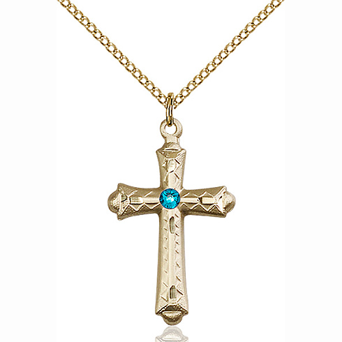 Gold Filled 1 1/8in Budded Cross Pendant Zircon Bead & 18in Chain
