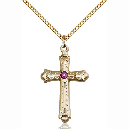 Gold Filled 1 1/8in Budded Cross Pendant Amethyst Bead & 18in Chain