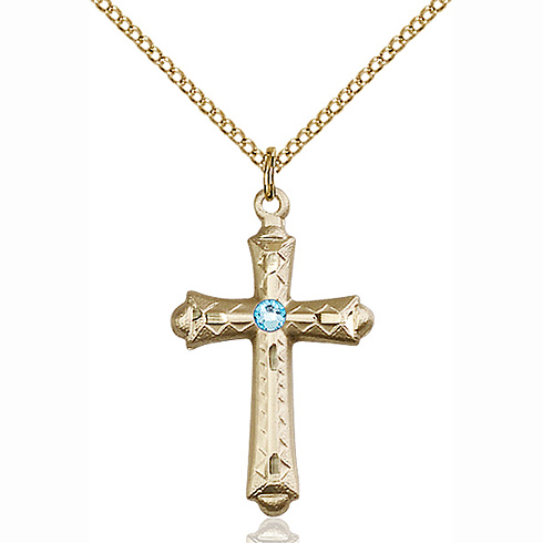 Gold Filled 1 1/8in Budded Cross Pendant with Aqua Bead & 18in Chain