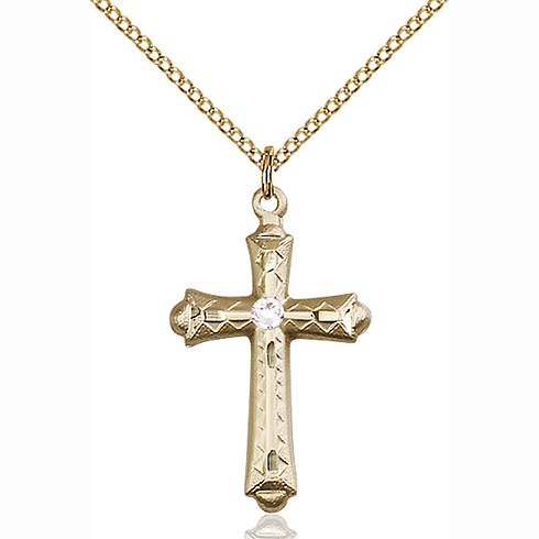 Gold Filled 1 1/8in Budded Cross Pendant Crystal Bead & 18in Chain