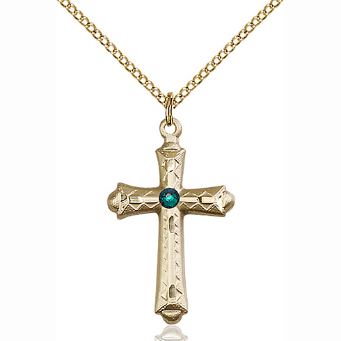 Gold Filled 1 1/8in Budded Cross Pendant Emerald Bead & 18in Chain
